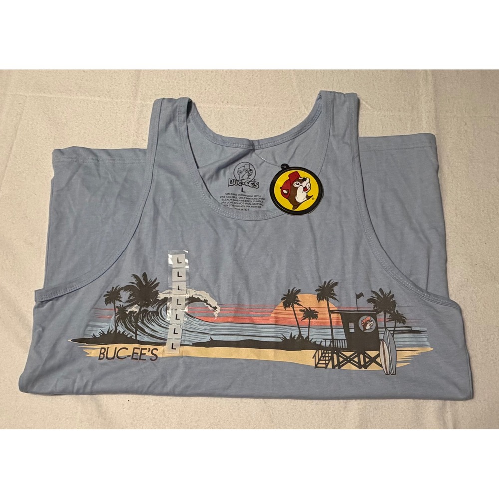 Buc-ee's Womens Graphic Tank Top Light Blue Beach Sunset Palm Trees Large NWT - Picture 4 of 6